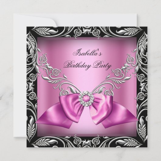 Diamond Pink Bow Silver Black Birthday Party Kaart (Voorkant)