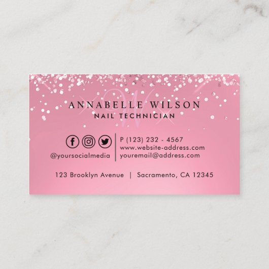 Diamond Pink Sparkly Nail-monogram Visitekaartje (Achterkant)