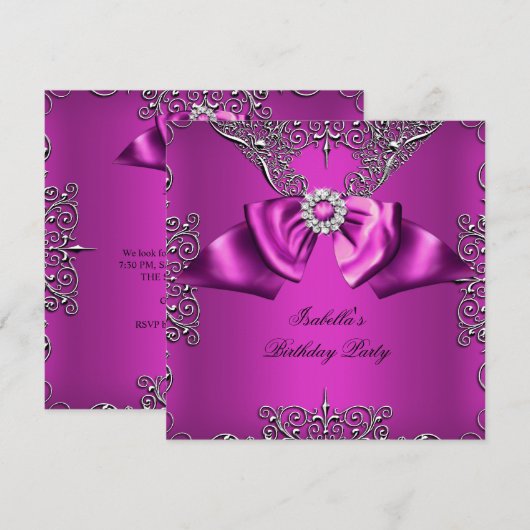 Diamond Plum Pink Bow Silver Elegant Birthday Kaart (Voorkant / Achterkant)