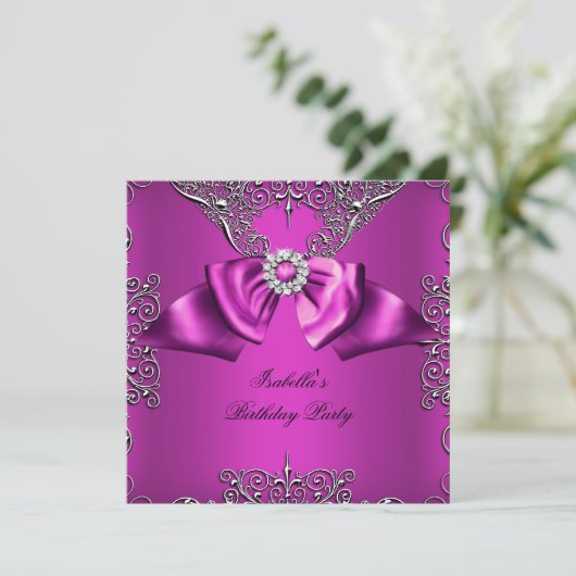 Diamond Plum Pink Bow Silver Elegant Birthday Kaart (Staand voorkant)