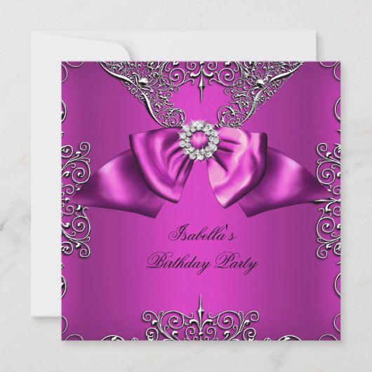 Diamond Plum Pink Bow Silver Elegant Birthday Kaart (Voorkant)