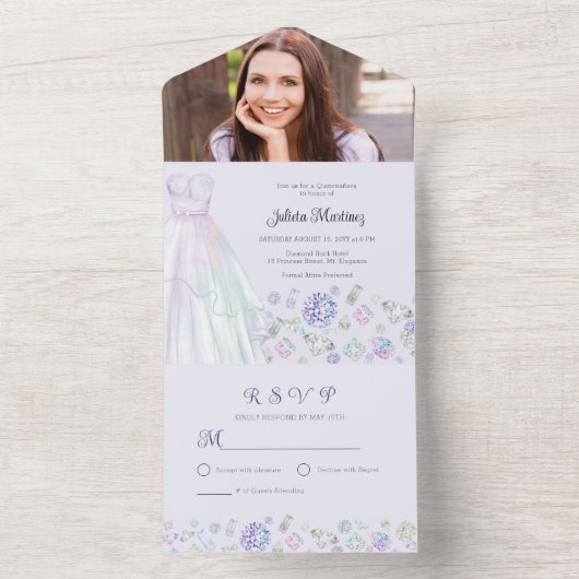 Diamond Princess Paars Quinceanera met RSVP All In One Uitnodiging (Binnen)