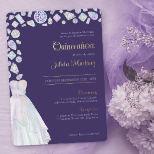 Diamond Princess Paarse Quinceanera en Mis Folie Uitnodiging
