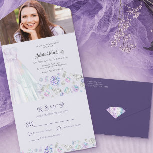 Diamond Princess Paarse Quinceanera met RSVP All In One Uitnodiging