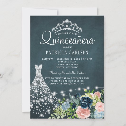 Diamond prinses jurk waterverf chique quinceanera kaart (Voorkant)