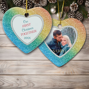 Diamond Rainbow Glitter Foto voor eerste kerstdag Keramisch Ornament