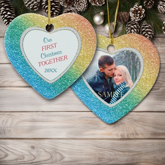 Diamond Rainbow Glitter Foto voor eerste kerstdag Keramisch Ornament