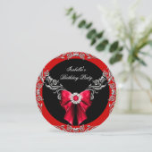 Diamond Red Bow Silver Black Birthday R Kaart (Staand voorkant)