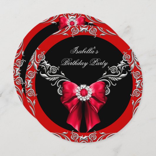 Diamond Red Bow Silver Black Birthday R Kaart (Voorkant / Achterkant)