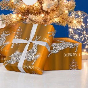 Diamond Reindeer en Silver Trees Gold Kerstmis Cadeaupapier