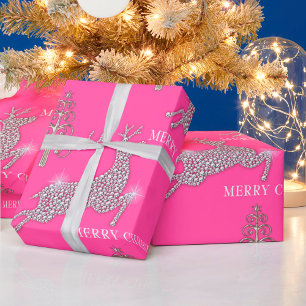 Diamond Reindeer en Zilveren kerstbomen Roze Cadeaupapier