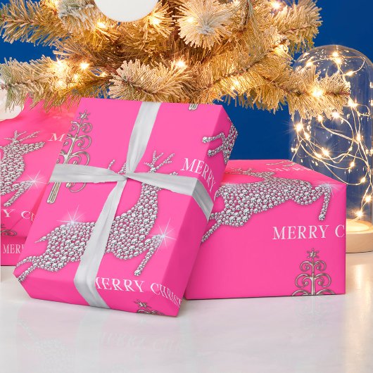 Diamond Reindeer en Zilveren kerstbomen Roze Cadeaupapier