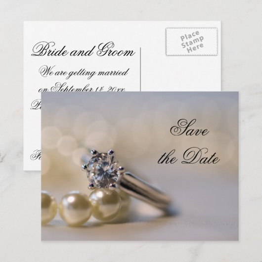 Diamond Ring and Pearls Wedding Save the Date Aankondigingskaart (Voorkant / Achterkant)