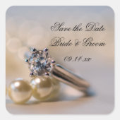 Diamond Ring and Pearls Wedding Save the Date Vierkante Sticker (Voorkant)