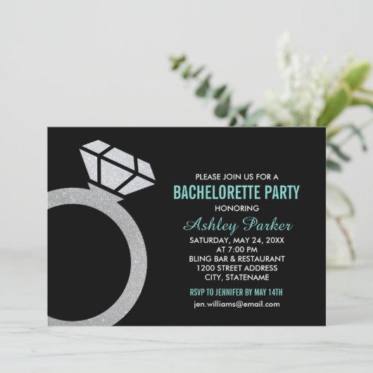 Diamond Ring Aqua Blauw Bruiloft Bachelorette Part Kaart (Staand voorkant)