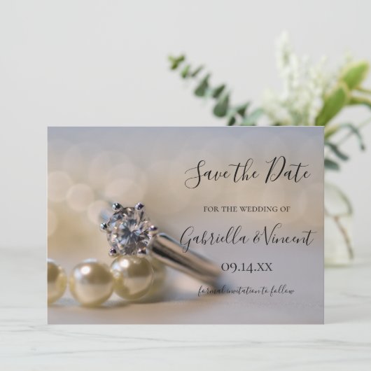 Diamond Ring White Pearls Wedding Save the Date (Staand voorkant)