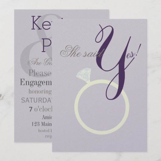 Diamond Ring Ze zei ja, grijs en Mauve Party card Kaart (Voorkant / Achterkant)