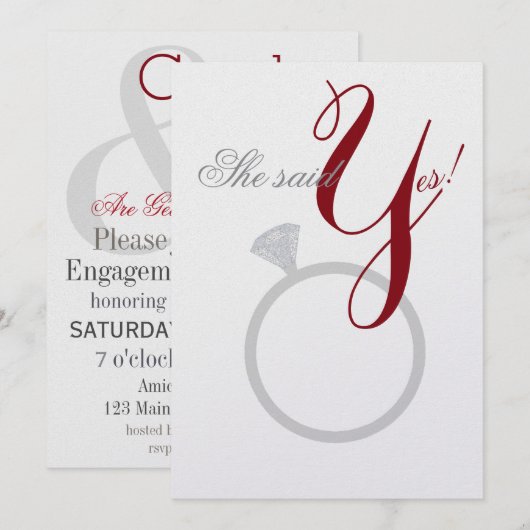 Diamond Ring Ze zei ja Silver en Burgundy Party Kaart (Voorkant / Achterkant)