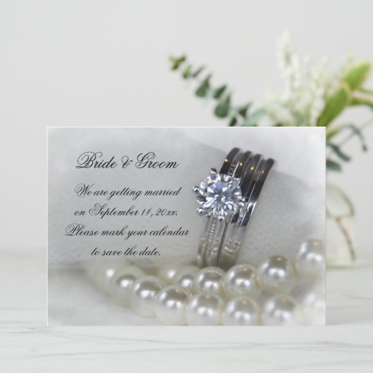 Diamond Rings and Pearls Wedding Save the Date Kaart (Staand voorkant)