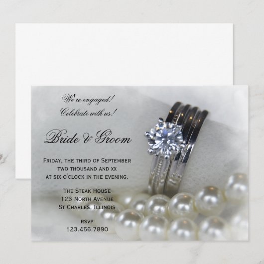 Diamond Rings and White Pearls Engagement Party Kaart (Voorkant / Achterkant)