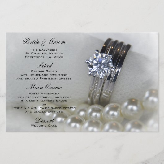 Diamond Rings en White Pearls Wedding Menu (Voorkant)