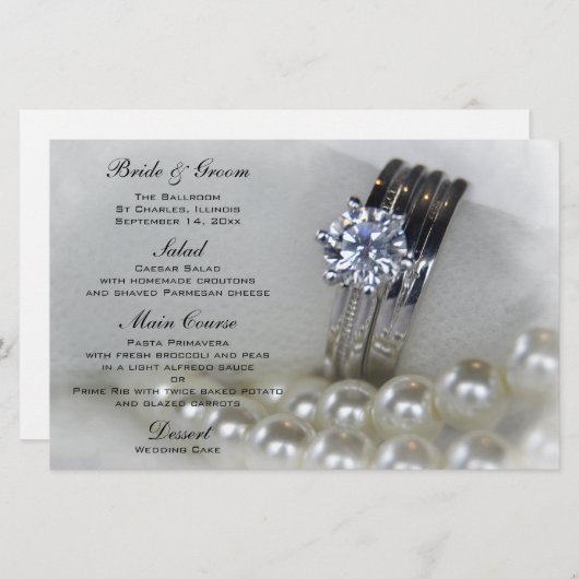 Diamond Rings en White Pearls Wedding Menu (Voorkant / Achterkant)