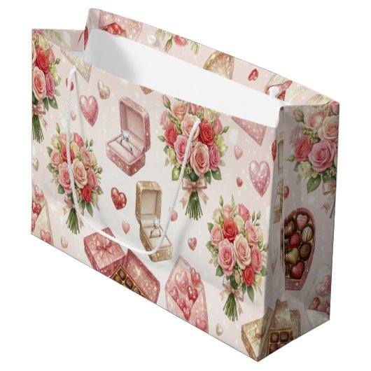 Diamond Rings, Roses & Luxury Gift Boxes Pattern Groot Cadeauzakje (Voorkant Gekanteld)