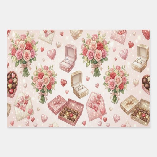 Diamond Rings, Roses & Luxury Gift Boxes Pattern Inpakpapier Vel (Voorkant)