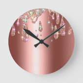 Diamond Roos Gold Drip | Glitter Drops op Sateen Ronde Klok (Voorkant)