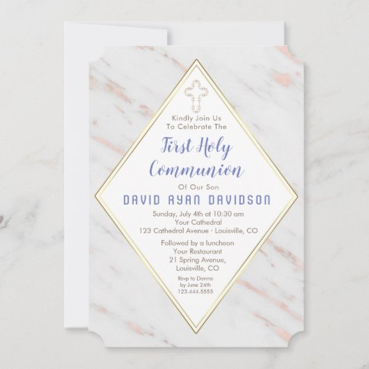 Diamond Roos Gold Marble First Heilige Communie Kaart (Voorkant)