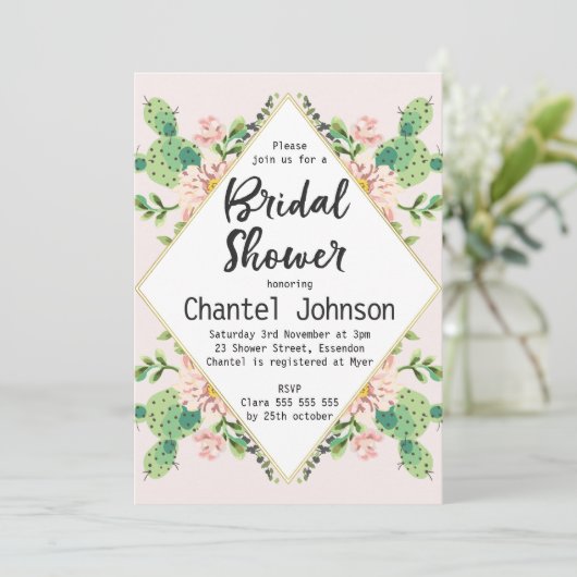Diamond Shape Cactus Bridal Shower Invitation Kaart (Staand voorkant)