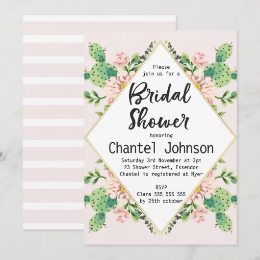 Diamond Shape Cactus Bridal Shower Invitation Kaart (Voorkant / Achterkant)