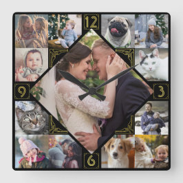 Diamond Shaped Family Foto Collage Mod Black Gold Vierkante Klok