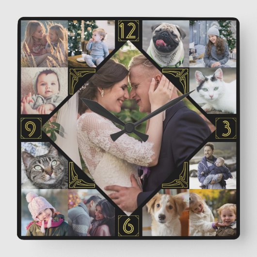 Diamond Shaped Family Foto Collage Mod Black Gold Vierkante Klok (Voorkant)