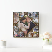 Diamond Shaped Family Foto Collage Rustic Dk Wood Vierkante Klok (Huis)