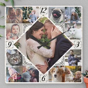 Diamond Shaped Family Photo Collage Rustic Lt Wood Vierkante Klok