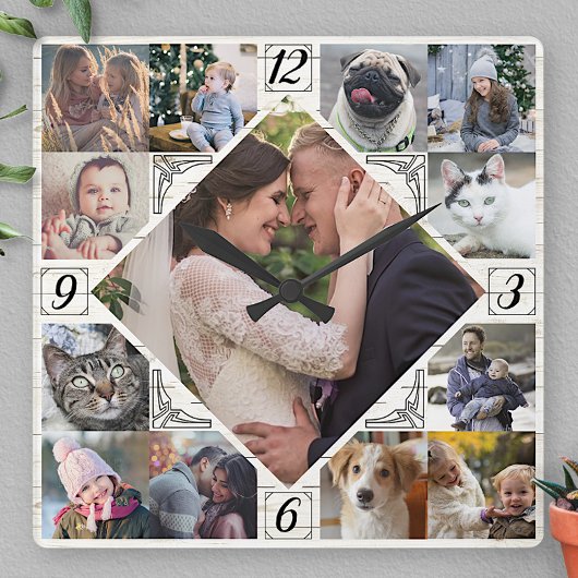 Diamond Shaped Family Photo Collage Rustic Lt Wood Vierkante Klok