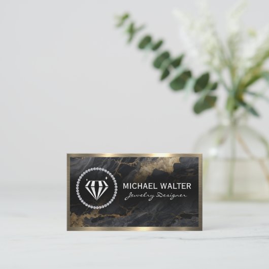 Diamond Shine | Zwart marmer | Goud Metaal Visitekaartje (Staand voorkant)