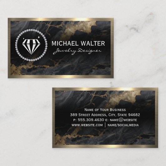 Diamond Shine | Zwart marmer | Goud Metaal Visitekaartje (Voorkant / Achterkant)
