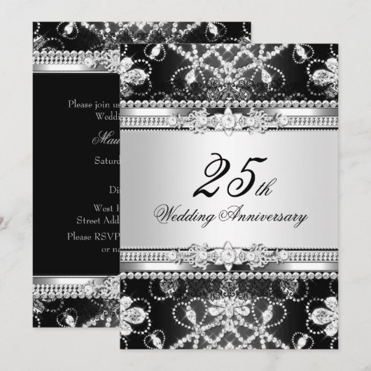 Diamond Silver Black 25th Jubileum Invite Kaart (Voorkant / Achterkant)