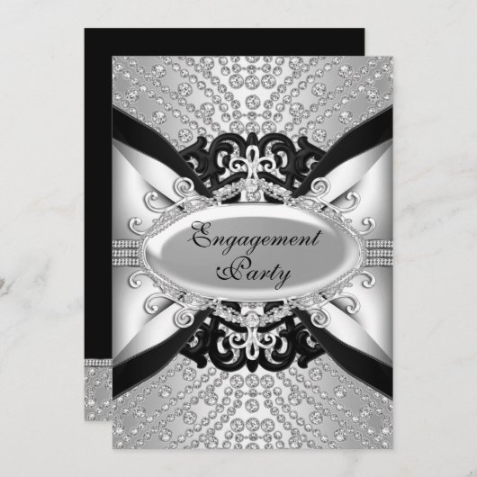 Diamond Silver & Black Engagement Party nodigt uit Kaart (Voorkant / Achterkant)
