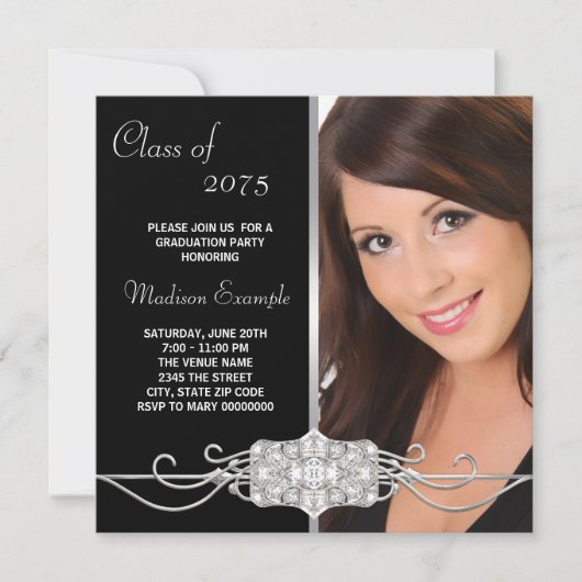 Diamond Silver en Black Photo Afstuderen Kaart (Voorkant)