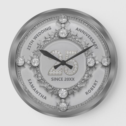 Diamond & Silver Frame 25th Wedding Anniversary Grote Klok (Voorkant)