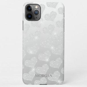 Diamond Small Heart Pattern, DIY Name, Silver Hoes iPhone 11Pro Max Hoesje