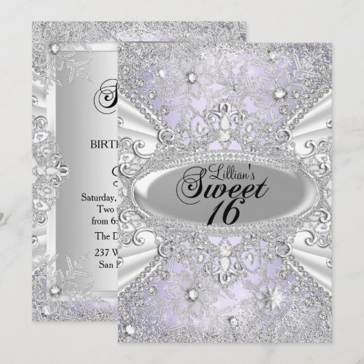 Diamond Snowflake Paarse Winter Wonderland Sweet16 Kaart (Voorkant / Achterkant)
