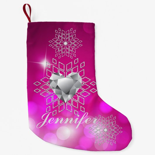 Diamond Snowflakes & Heart Fuschia Bokeh Kleine Kerstsok (Voorkant)