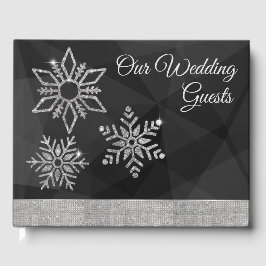 Diamond Snowflakes on Black Wedding Guest Book Gastenboek