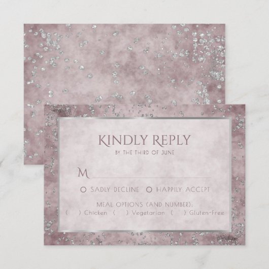 Diamond Sparkle | Mauve en Silver Glitter Entree RSVP Kaartje (Voorkant / Achterkant)