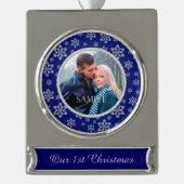 Diamond Sparkle Snowflake Blue First Kerstmis Verzilverd Banner Ornament (Voorkant)