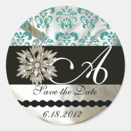 DIAMOND STAR WHITE BLUE SILK DAMASK MONOGRAM RONDE STICKER
